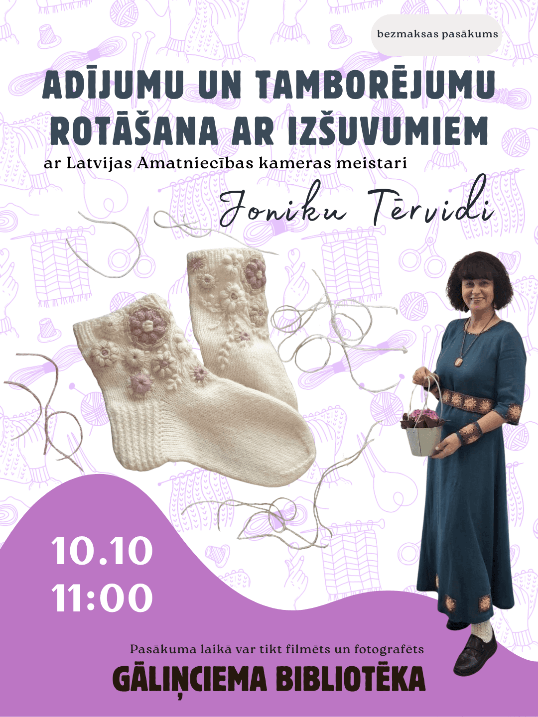 Töötuba „Kudumite ja heegeldiste kaunistamine tikanditega” Gāliņciema raamatukogus